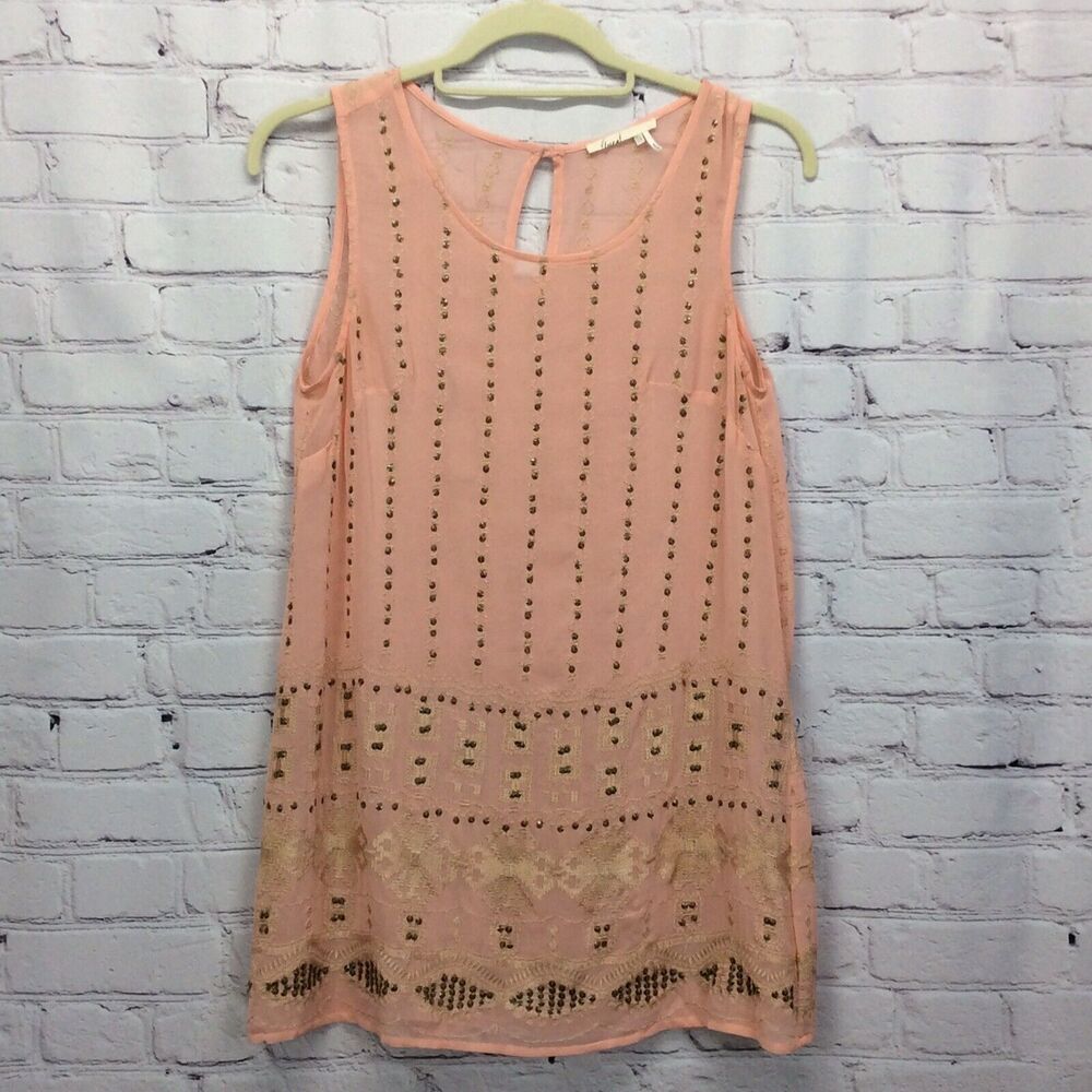 Anthropologie Floreat Tunic Top Women's Sz 2 Blush Sleeveless Embroidered Sequin
